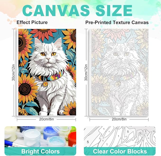 GEEHEIY Framed Paint by Numbers Kit for Adults, Cat Sunflowers, 8 x 12 Inch | DIY Adult Paint by Number Kit for Beginners, Cat Wall Decor, Stress Relief Craft Gift, Creative Hobby