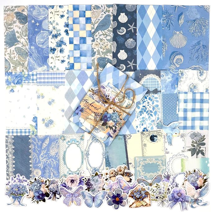 OKUPAN Scrapbook Supplies Kit – 100PCS Vintage Cottagecore Floral Scrapbook Paper & Stickers, 4 Sizes Pastoral Scrapbooking Supplies for Journaling, Card Making & DIY Gifts (Blue)