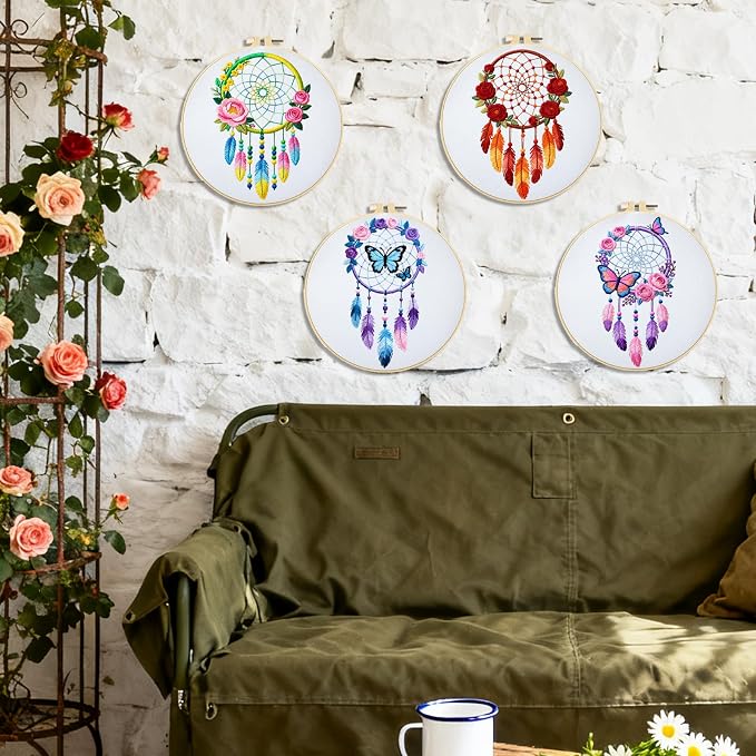 BEUNITONE 4 Set Dream Catcher Embroidery Kit for Beginners 7.9"x7.9" | DIY Craft Kits for Adults Women with Embroidery Hoops, Instructions, Handmade Needlepoint Kits for Craft Lover and Home Decor
