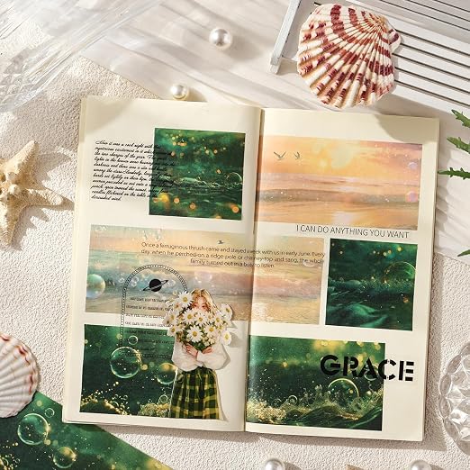 Ocean Fantasy Washi Tape Set – 6 Rolls with Dreamy Sunset, Wave and Bubble Patterns for Scrapbook, Journal, DIY Cards, with Mini Clip