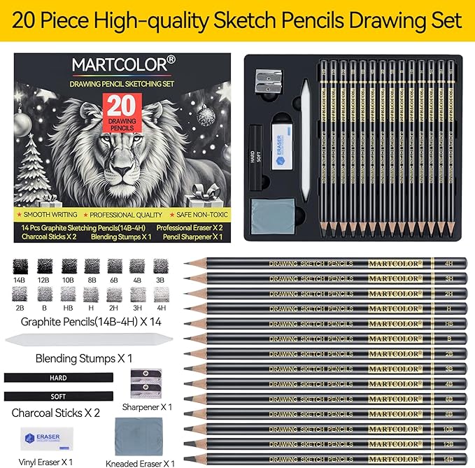 MARTCOLOR Drawing Sketching Pencil Set, 20 Pack Graphite Pencils (14B-4H) | Charcoal Sticks, Stump, Eraser, Sharpeners, Ideal for Drawing Art, Sketching, Artist Pencils for Beginners & Pro Artists