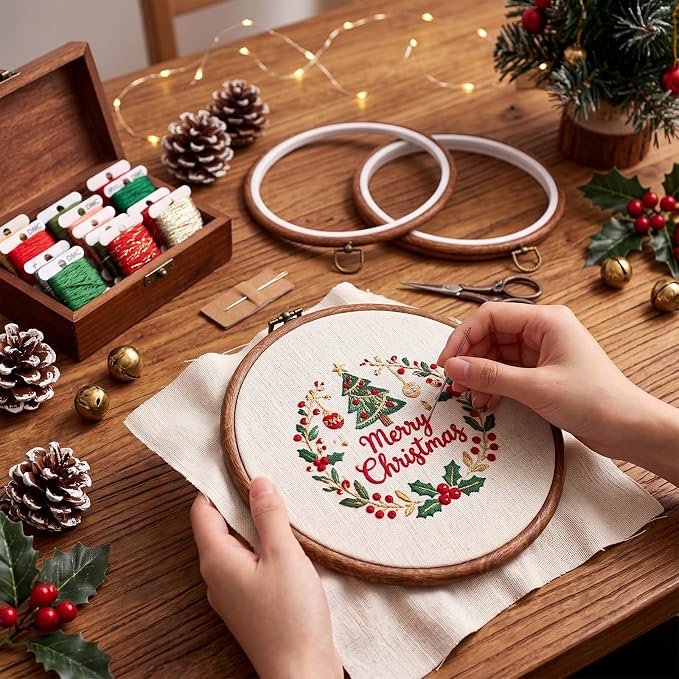 Burbell 3 Pcs 8.7 Inch Pcs Spring Round Embroidery Hoops Frame Circle Rubber Hoops Ring Display Cross Stitch Ornament Imitated Wood Frame Kits for Christmas in July Craft Sewing DIY Hanging Gifts