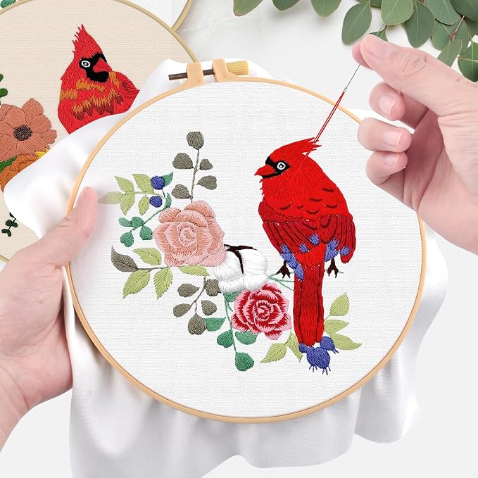 ERKOON 4 Sets Embroidery Kit, Animal Cross Stitch Set for Include Embroidery Cloth Hoops Threads for Craft Lover Hand Stitch (Cardinal)
