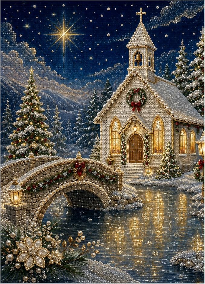 DIY Christmas Pearl Diamond Painting Kit, 5D Pearl Art Craft for Adults and Beginners, Christmas Church and Jesus Wall Decor, Holiday Gifts, 12 x 16 Inch (Church Design E)