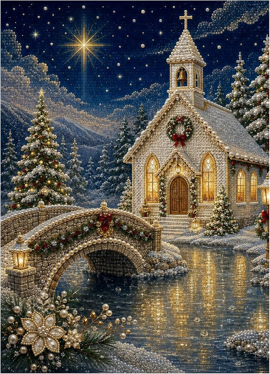 DIY Christmas Pearl Diamond Painting Kit, 5D Pearl Art Craft for Adults and Beginners, Christmas Church and Jesus Wall Decor, Holiday Gifts, 12 x 16 Inch (Church Design E)