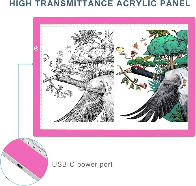 A3 Copy Light Board Tracing Box, Ultra-Thin Adjustable Drawing Tablet USB Power Artcraft LED Tracer Light Pad for Diamond Art Painting Accessories, Sketching, Animation, Quilting, Stenciling (Pink)