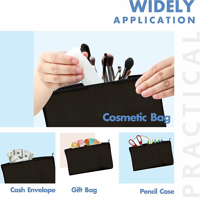 8 Pack Canvas Pencil Pouch, DIY Craft Zipper Bags Blank Makeup Bags Multifunctional Pouches Pencil Case for Cosmetic Toiletry Stationary (Black, 8.3” x 4.7”)