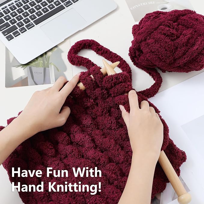 Cozyful Chunky Yarn for Hand Knitting - #10 Chunky Chenille Yarn, Jumbo Big Thick Chunky Yarns for Crocheting, Super Bulky Chunky Knit Blanket Yarns, 8 Skein (22 yds 8 oz Each Skein), Burgundy