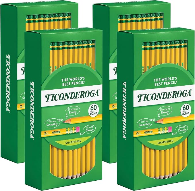 Ticonderoga Wood-Cased Pencils, Pre-Sharpened, 2 HB Soft, Yellow, 60 Count (Pack of 24)