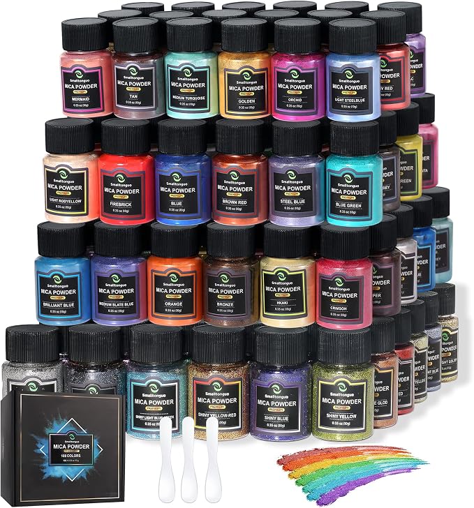 Mica Powder, 108 Colors (10g), Pigment for Epoxy Resin, Soap, Bath Bomb | Complies with ASTM D-4236| 36 Original Colors and 36 Pastel Colors and 36 Fine Glitter Powder