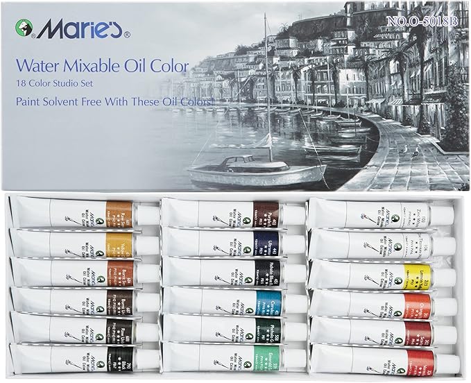 Marie's Water Soluble Oil Color Paint Set - 12ml Tubes - Solvent-Free - Assorted Colors - [Set of 18]