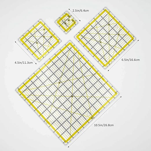 Quilting Rulers Sewing Ruler,Acrylic Quilting Ruler Templates,Precision Cutting Tools for Patchwork Fabric,Sewing Supplies Yellow(2.5"X2.5",4.5"X4.5",6.5"X6.5",10.5"X10.5")