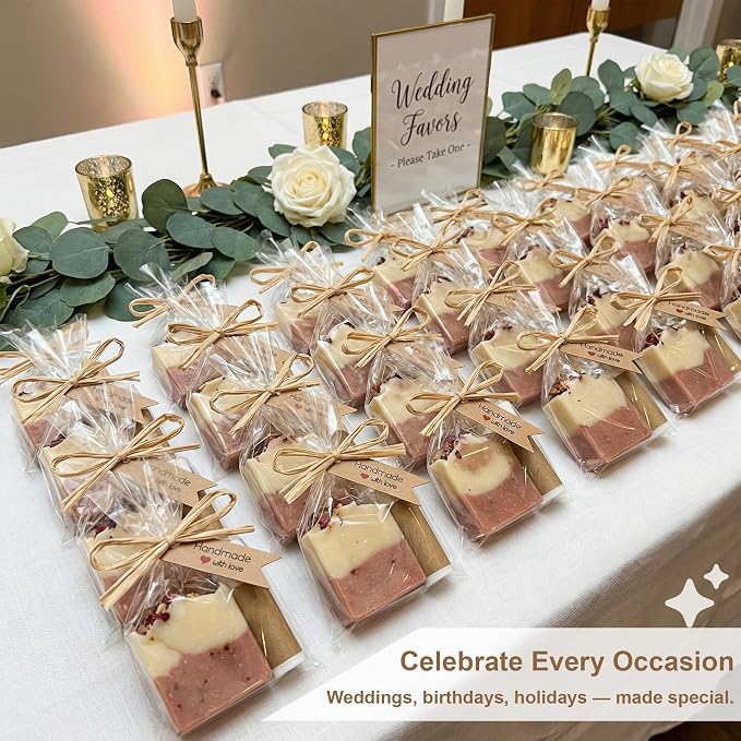 100 Pcs Clear Cellophane Bags 4.7x7" with Raffia Rope & Handmade with Love Tags for Packaging Soap Cookies Candy, Goodie Bag Wrappers for Wedding Christmas Craft Gift Birthday Party Baking Favor Supplies (Brown Tags)