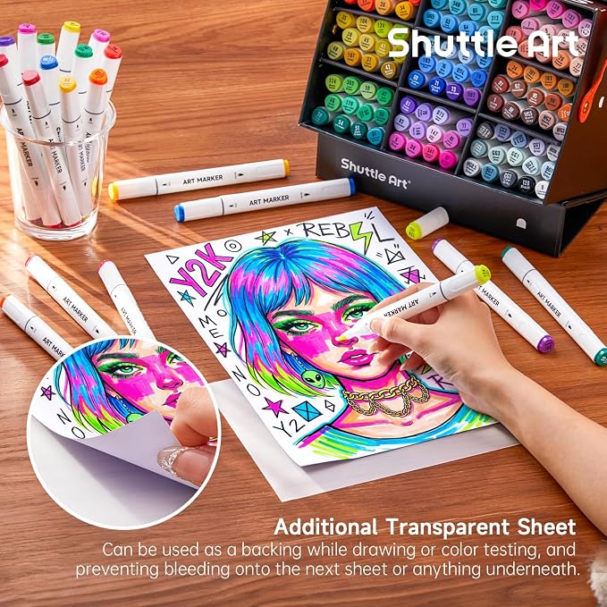 Shuttle Art Brush Tip Alcohol Markers, Dual Tip Brush & Fine Tip Art Marker Set, 121 Colors Marker Pens with Organized Case Perfect for Illustration Kids Students Adults Coloring Sketching
