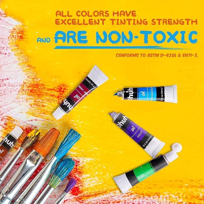Ohuhu Oil Paint Set, 24 Oil-Based Colors, 12ml/0.42oz x 24 Tubes Non-Toxic | Oil Painting Set Supplies for Canvas Painting Artist Kids Beginners Adults Classroom DIY Art Supplies Gift