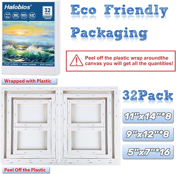 Halobios 32 Packs Professional Stretched Canvas for Painting, Blank Canvas Art with 5 * 7in, 9 * 12in, 11 * 14in, Value Pack for Acrylic, Oil, Acrylic Pouring