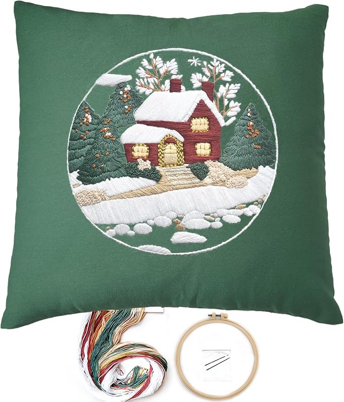 FONNUY Christmas Embroidery Kit for Beginners, Throw Pillow Case Cross Stitch Set Winter Snow House Holly Tree Pattern for Adults, Hand Works Crafts Throw Pillow Cover, 18 x 18'' (Green)
