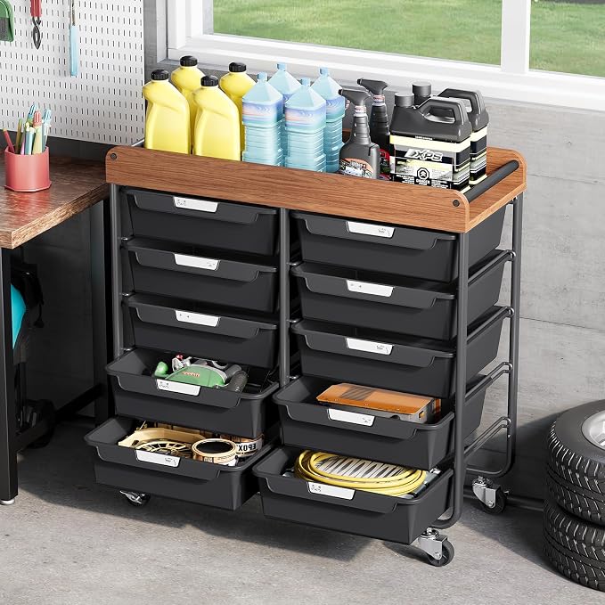 10 Drawers Rolling Cart with Wooden Tabletop, Utility Storage Cart with Wheels, Art Supply Craft Organizer on Wheel with Metal Frame & Handles for Home Office School,Black | Easy Setup, Large Capacity, Sturdy Build, Lockable Mobility, For office, class...
