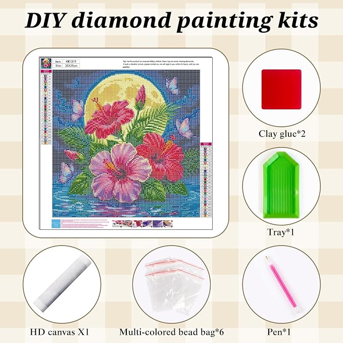 Hibiscus Flower Diamond Painting Kits for Adults,Moon Diamond Art Kits | DIY Full Round Drill Gem Painting Tropical Floral Paint by Diamonds Relaxing Craft for Home Wall Decor 13.75x13.75In