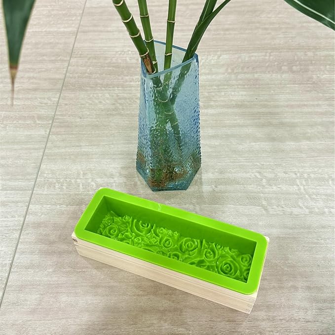 Rectangular Rose Soap Silicone Mold with Wood Box,Green | Flexible,Flowers Craft Art,For Soap Making Supplies