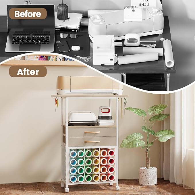 VENNQD Organizer and Storage Stand Compatible with Cricut Machines,Rolling Storage Cart/Shelf with 24 Vinyl Roll Holders，2 Fabric Drawer,Accessories Holder,Tool Hook for Craft Room Home (White Maple)