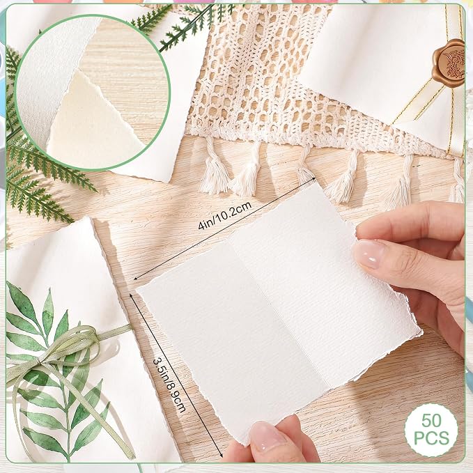 50 Pack Deckle Edge Paper, Folded 3.5 x 2 in, 160 GSM Handmade Paper