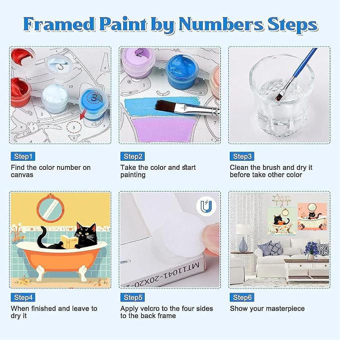 Canrichshop 4P Bathing Cat Paint by Numbers for Beginner with Frame,Black Cat Adult Painting by Numbers Kits on Canvas, DIY Oil Painting for Decor 8X 8 inch