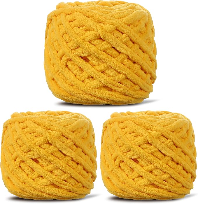 3 Pack Plush Chenille Chunky Yarn for Crocheting 100g(54.6yd) - Bulky Thick Fluffy Yarn for Knitting- Soft Velvet for Baby, Blanket Knitting Blanket Yarns- Amigurumi Yarns (3-Yellow)