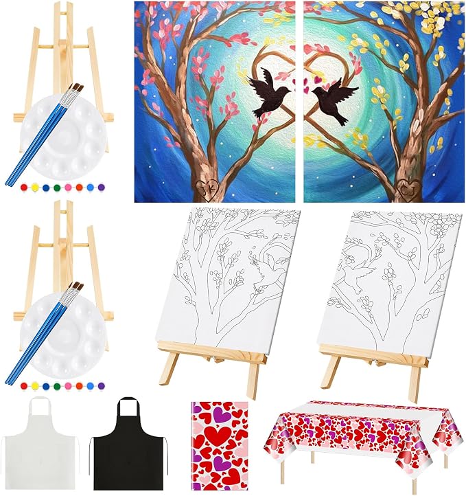 Yeaqee 13 Pcs Sip and Paint Kit for Adults Stretch Canvas Date Night Valentines Painting Kit Supplies Art Painting Set Outline Design Blank Stretch Canvas for Couple Party(Bird and Tree,10 x 8 Inch)