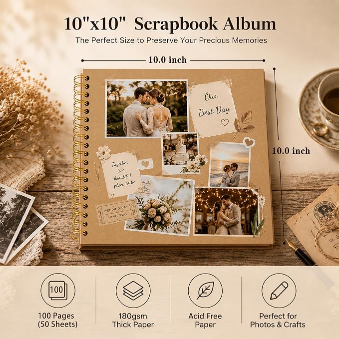 10x10 Inch DIY Scrapbook Album 100 Pages (50 Sheets), Hardcover Kraft Paper
