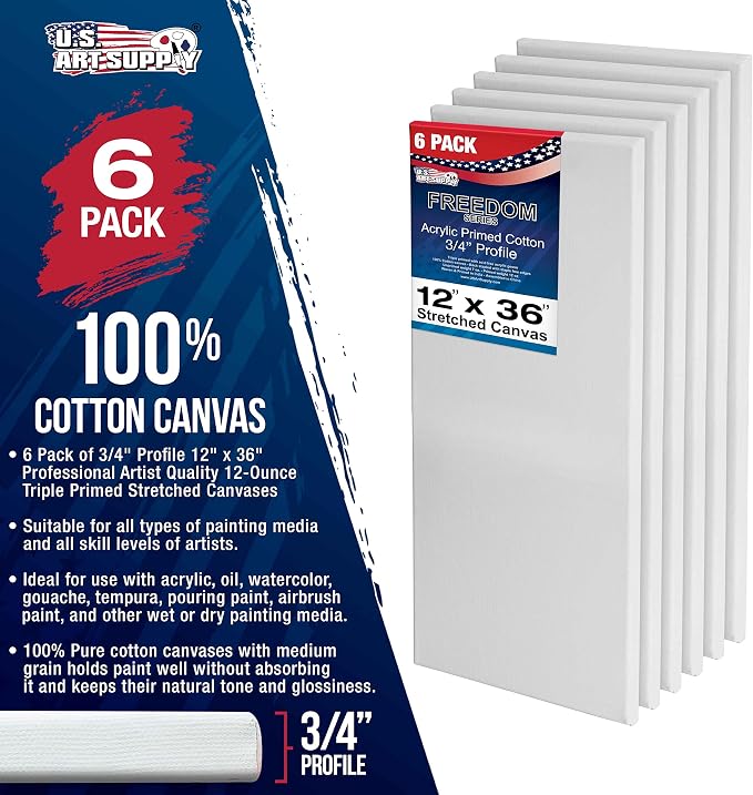 U.S. Art Supply 12"x36" Stretched Canvas for Painting, 3/4" Profile, 6-Pack