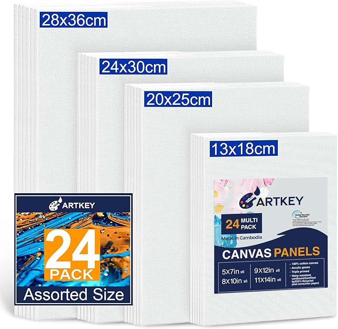Canvas Panels 24-Pack 5x7, 8x10, 9x12, 11x14 Inch, 10 oz Primed 100% Cotton Canvases for Painting, White Blank Flat Canvas Boards for Oil Acrylics Watercolor Tempera Paint