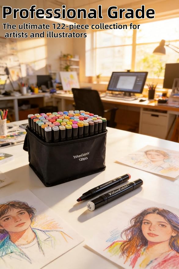 122-Piece Alcohol Markers, 120 marker set with 2 Bonus Blenders, Dual Tip Art Markers for Adults, Vibrant Marker Pens with Pen Holder & Case for Drawing, Sketching, Christmas Gift