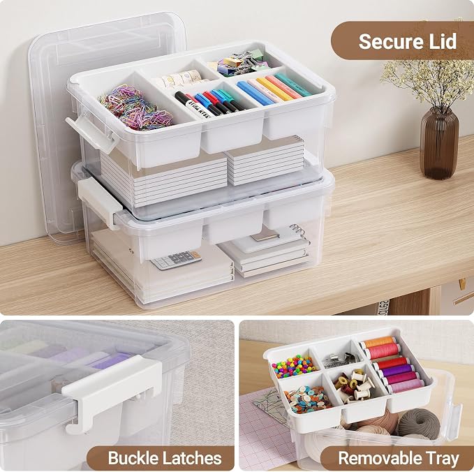40Qt Stackable Storage Bins with Lids Trays Craft Box Organizers, 2Pack,WH