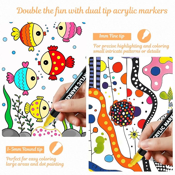 120 Colors Precision Dual Tip Acrylic Paint Markers Pens - Dot & Fine | Works on Rock, Wood, Fabric, Canvas, Glass, Scrapbook, Paper, Ceramic, Egg, DIY Craft Art Gift - Classroom & School Supplies