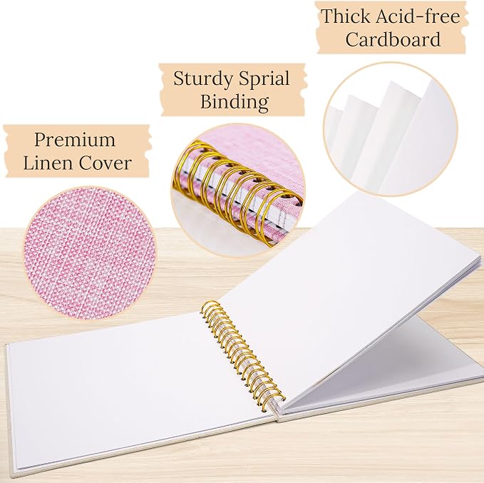 12"x12" Scrapbook Photo Album Linen Cover 40 Sheets 80 Pages White Paper | Pink Hardcover Kraft White Pages Memory Book, for Travel Wedding Guest Book Christmas Baby Shower Fits 4x6 & Instant Photos