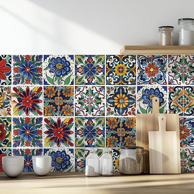 30 Pcs Mediterranean Style Peel and Stick Wall Tile Decals - Waterproof Vinyl Stickers for Kitchen Backsplash, Bathroom, Stair Riser Decor - Spanish Floral Pattern - 4x4 Inch