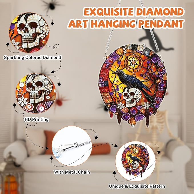 Bowetile Stained Glass Crow Diamond Art Hanging Kits for Adults, Gothic Diamond Art Suncatchers Skull, 5D Halloween Diamond Painting Pendant Window Ornament Gifts for Home Door Wall Decor