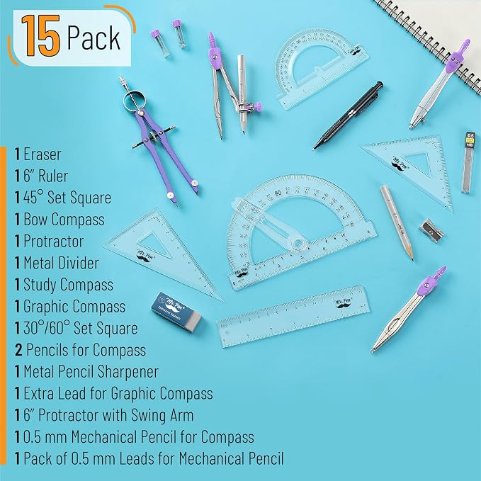 Mr. Pen- Geometry Set, 15 pcs, Purple, 6 Inch Swing Arm Protractor, Divider | Set Squares, Ruler, Compasses and Protractor