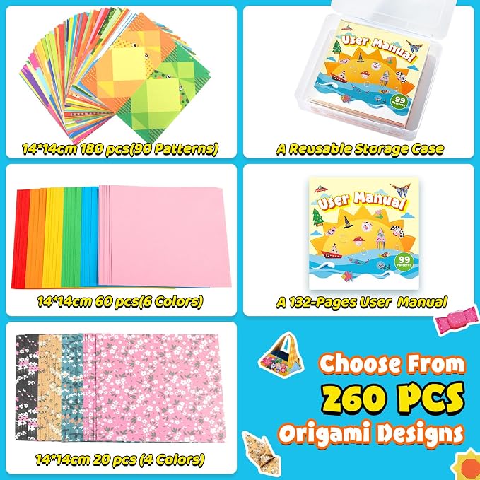 Funtopia Origami Kit for Kids Ages 5-8 8-12, 260 Sheets Origami Paper | DIY Craft Art Projects Supplies for Boys Girls, 99 Patterns and Guiding Book, Travel School Vacation Activities Toy