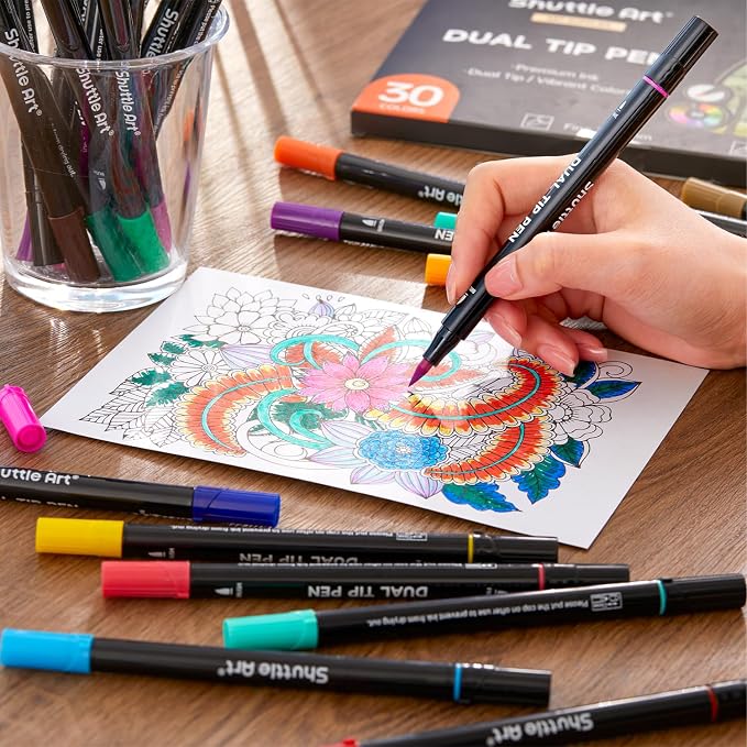 Shuttle Art Dual Tip Brush Marker Pens 30 Colors Water-based Ink | Double-ended with Fine Tip & Brush Tip, Great for Hand Lettering, Drawing, Bullet Journal and DIY Crafts for All Skill Levels