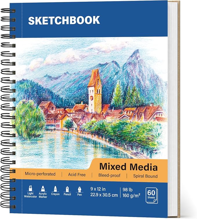 Mixed Media Sketch Book 9" x 12": 98lb/160gsm Spiral Sketchbook, 60 Sheets