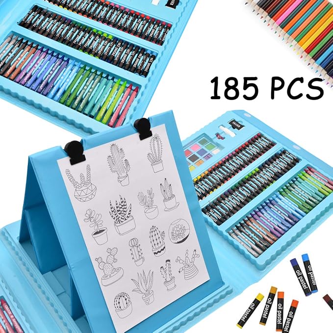 Sunnyglade 185 Pieces Double Sided Trifold Easel Art Set Art Supplies Blue | Art Kit Drawing Art Box with Oil Pastels, Crayons, Colored Pencils, Markers, Paint Brush, Watercolor Cakes, Sketch Pad