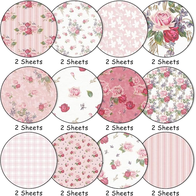 JarThenaAMCS 24 Sheets Rose Floral Pattern Paper Pink Scrapbook Specialty Paper Vintage Flower Double Sided Craft Papers for DIY Card Making Photo Album Journal Decor, 6 x 6 Inch