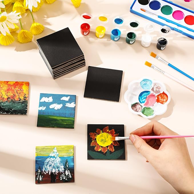 Supervitae 25 Pcs Mini Magnetic Canvas Panel for Painting, 2.5x2.5 Inch Small Canvas Boards with Magnet Square Mini Thin Tile Art DIY Craft Gift for Fridge Locker (Black)