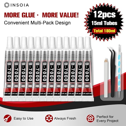 INSOIA B7000 Bedazzling Glue Tool Clear, 12 x 15ml Precision Tip