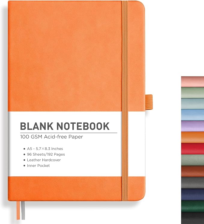RETTACY Blank Journal Notebook, 192 Pages, A5 Medium Size (5.7'' x 8.3'') | Leather Hardcover, 100 GSM Thick Paper, for Sketching, Drawing, Painting (Orange)