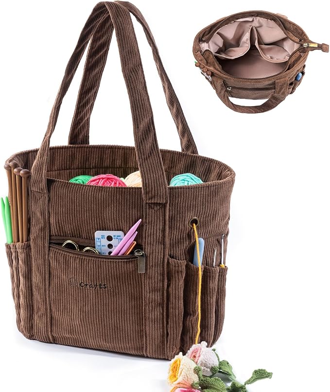 MYBAGZING Crochet Bag and Tote - Corduroy Yarn Bag - Yarn Holder for Crocheting - Crochet Storage Bag for Crochet Hooks, Crochet Accessories, Knitting Bag for Crochet Lovers, Mother's Day Gift