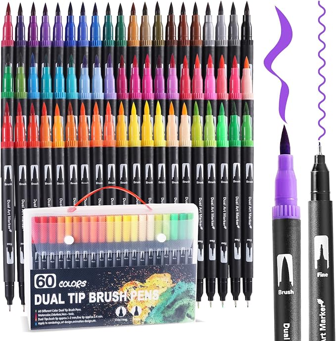 60 Colors Dual Tip Watercolor Markers Pens for School Supplies-Brush & Fine | Coloring Markers No Bleeding for Adult Coloring Books Calligraphy Card Making Sketching Journaling Note Taking Planner Travel