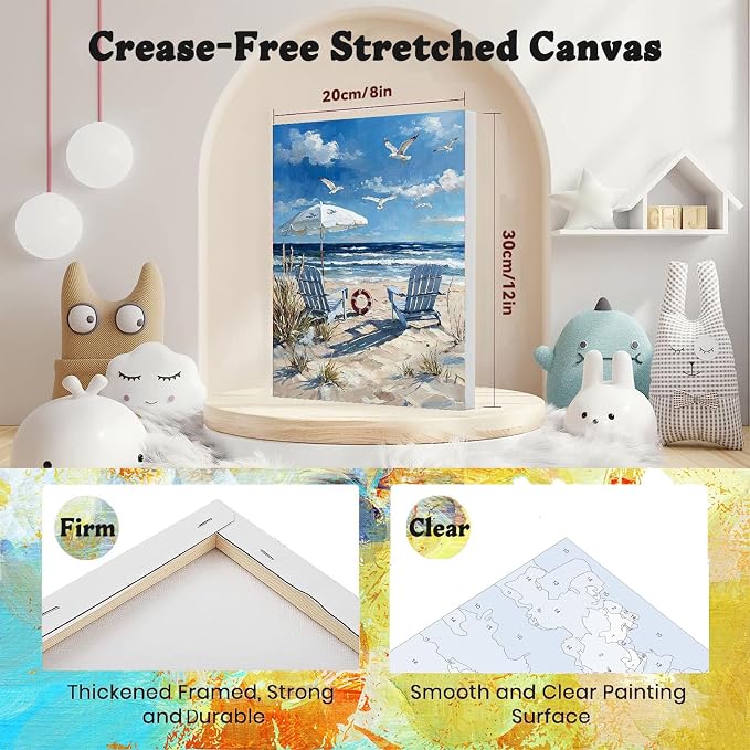 4 Pack Beach Paint by Numbers for Adults with Framed Canvas - Wooden Easel | Beach Paint by Number on Canvas, DIY Coast Acrylic Oil Painting Kits with Brushes for Home Wall Decor (8x12 inch)